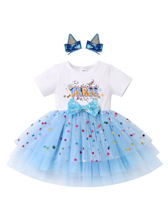 Toddler Girl Clothes 3T Birthday Dress Short Sleeve Princess Dress Sequin Blue Tutu Baby Smash Cake Outfit