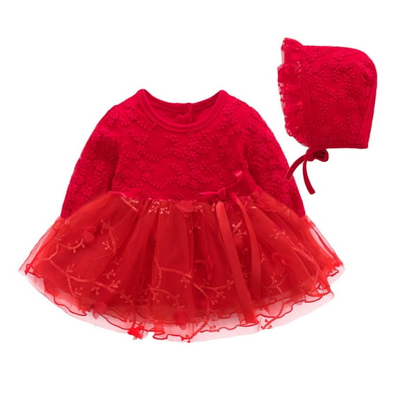 FYMNSI Toddler Girl Long Sleeve Floral Tutu Dress Baby Baptism Christening Dresses with Hat Birthday Tulle Outfit 3-6 Months Red