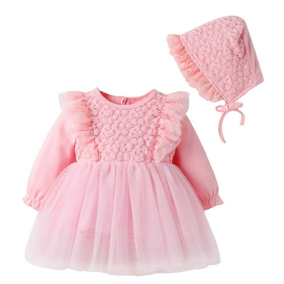 FYMNSI Toddler Girl Long Sleeve Floral Tutu Dress Baby Baptism Christening Dresses with Hat Birthday Tulle Outfit 9-12 Months Pink