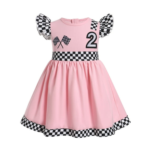 FYMNSI 2nd Birthday Dress Baby Toddler Girl Checkered Clothes Flutter Sleeve Dresses Race Car Driver Outfit