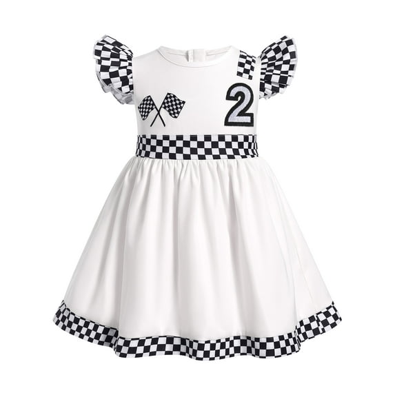 FYMNSI 2nd Birthday Dress Baby Toddler Girl Checkered Clothes Flutter Sleeve Dresses Race Car Driver Outfit