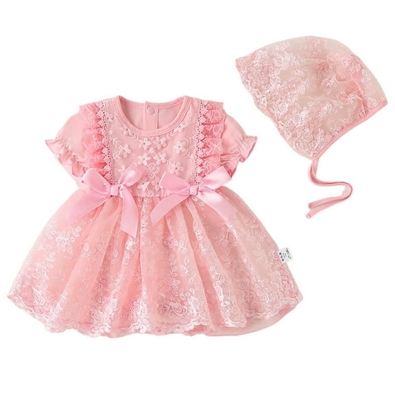FYMNSI Toddler Girl Short Sleeve Summer Floral Tutu Dress Tulle Outfit Baby Baptism Christening Dresses with Hat 0-3 Months Pink