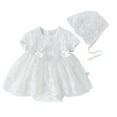 thumbnail image 1 of FYMNSI Toddler Girl Short Sleeve Summer Floral Tutu Dress Tulle Outfit Baby Baptism Christening Dresses with Hat 0-3 Months White, 1 of 3
