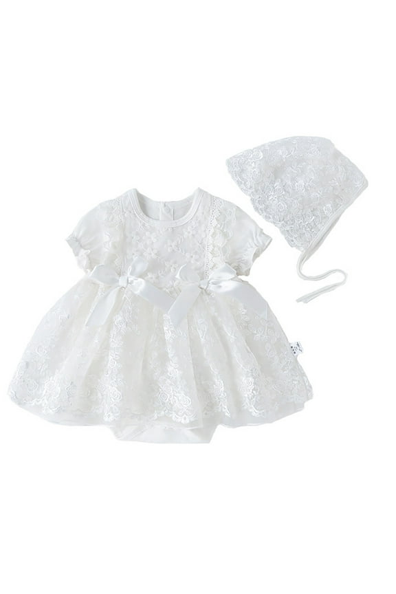 Toddler Girl Short Sleeve Summer Floral Tutu Dress Tulle Outfit Baby Baptism Christening Dresses with Hat 0-3 Months White