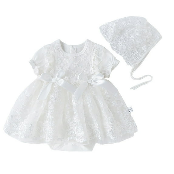 FYMNSI Toddler Girl Short Sleeve Summer Floral Tutu Dress Tulle Outfit Baby Baptism Christening Dresses with Hat 3-6 Months White