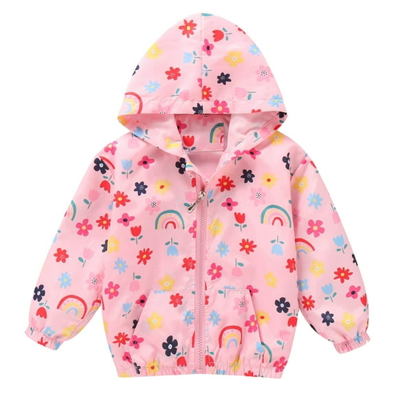FYMNSI Toddler Girl Windbreaker Light Hooded Jacket Printed Zip Up Hoodie Spring Fall Rain Jackets Kids Clothes 2-3T