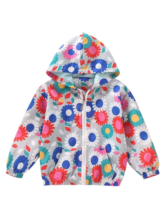 Toddler Girl Windbreaker Light Hooded Jacket Printed Zip Up Hoodie Spring Fall Rain Jackets Kids Clothes 2-3T