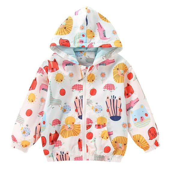 FYMNSI Toddler Girl Windbreaker Light Hooded Jacket Printed Zip Up Hoodie Spring Fall Rain Jackets Kids Clothes 2-3T