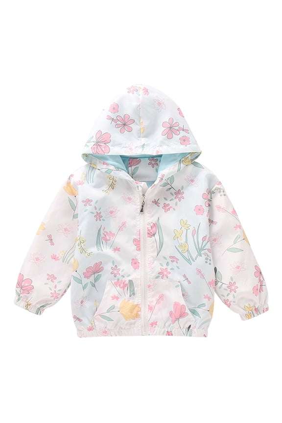 Toddler Girl Windbreaker Light Hooded Jacket Printed Zip Up Hoodie Spring Fall Rain Jackets Kids Clothes 5-6T