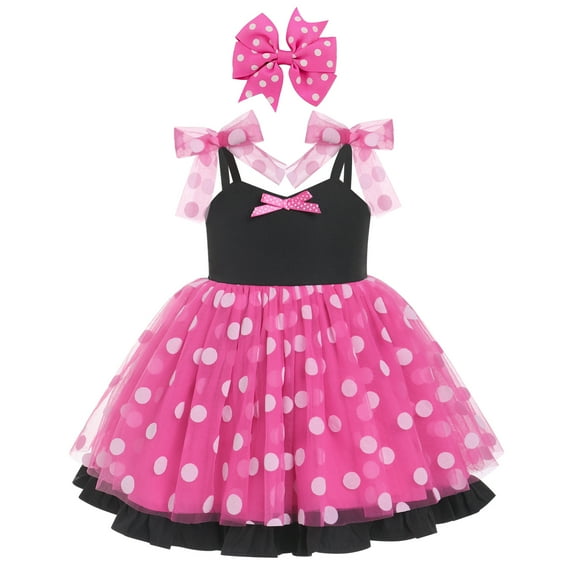 FYMNSI Toddler Girls Polka Dots Tulle Spliced Dresses Birthday Party Princess Tutu Dress Bowknot Headband Christmas Outfit 3-4T Rose Red