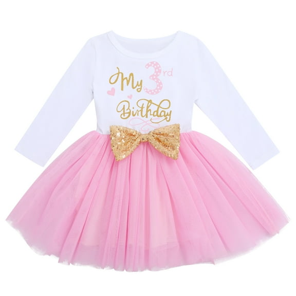 FYMNSI Toddler Kids Baby Girl It's My 3rd Third Birthday Dress Cake Smash Outfit Cotton Long Sleeve Princess Bowknot Tutu Tulle Dress Three Years Old Party Clothes Photo Props 3 Years Pink