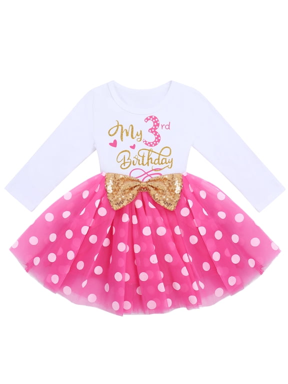 Toddler Kids Baby Girl It's My 3rd Third Birthday Dress Cake Smash Outfit Long Sleeve Princess Polka Dots Tulle Bowknot Dress Three Years Old Party Clothes Photo Props 3 Years Hot Pink