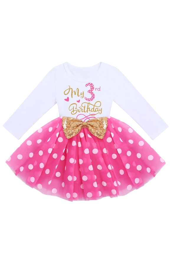 Toddler Kids Baby Girl It's My 3rd Third Birthday Dress Cake Smash Outfit Long Sleeve Princess Polka Dots Tulle Bowknot Dress Three Years Old Party Clothes Photo Props 3 Years Hot Pink