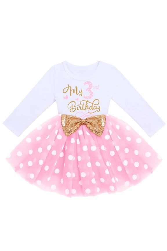 Toddler Kids Baby Girl It's My 3rd Third Birthday Dress Cake Smash Outfit Long Sleeve Princess Polka Dots Tulle Bowknot Dress Three Years Old Party Clothes Photo Props 3 Years Pink
