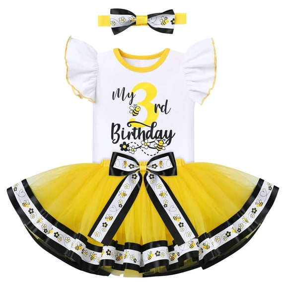 FYMNSI Toddler Kids Baby Girl Bee 3rd Birthday Cake Smash Outfit Third Three Years Old Party Dress Flutter Sleeve Cotton T-shirt Top Princess Tutu Tulle Skirt Bowknot Headband Set 3 Years