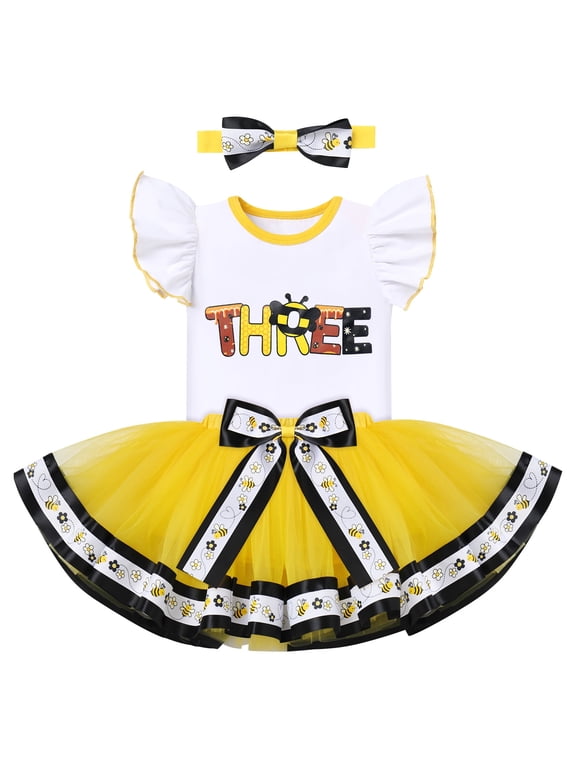 Toddler Kids Baby Girl Bee 3rd Birthday Cake Smash Outfit Third Three Years Old Party Dress Flutter Sleeve Cotton T-shirt Top Princess Tutu Tulle Skirt Bowknot Headband Set 3 Years