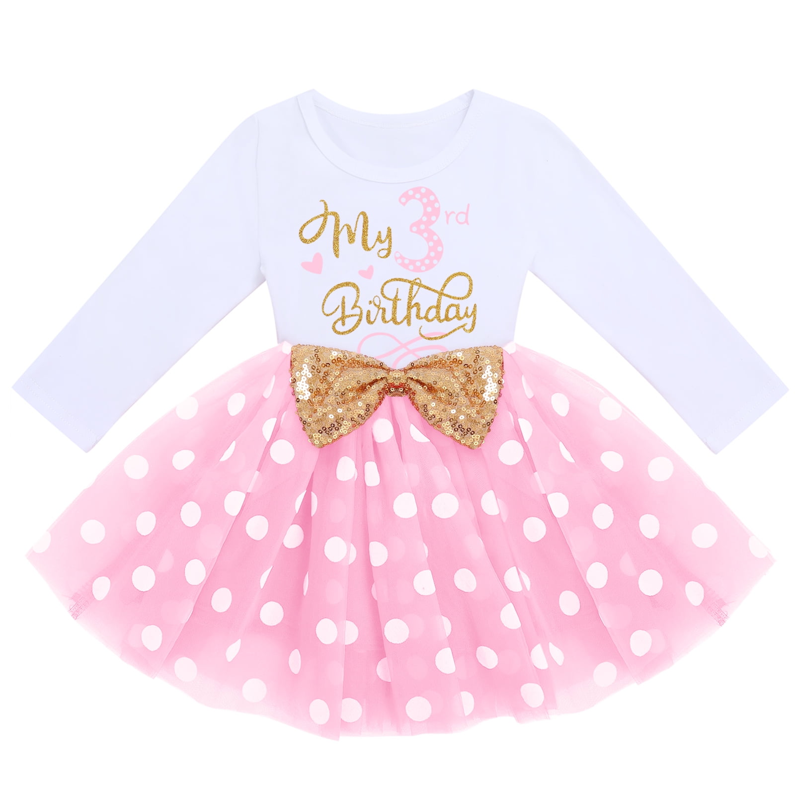 Toddler Kids Baby Girl It's My 3rd Third Birthday Dress Cake Smash Outfit Long Sleeve Princess Polka Dots Tulle Bowknot Dress Three Years Old Party Clothes Photo Props 3 Years Pink