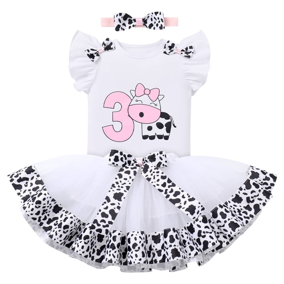 FYMNSI Toddler Kids Girl Milk Cow 3rd Third Birthday Cake Smash Outfit Farm Animal Three Years Old Party Tops Tutu Tulle Skirt Headband Set White 3T