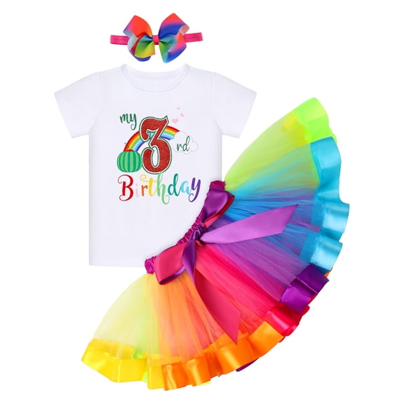 FYMNSI Toddler Kids Girl My 3rd Birthday Cake Smash Outfit Watermelon Three Years Old Party Photo Props Cotton Short Sleeve T-shirt Tops Rainbow Skirt Bowknot Headband Set 3 Years