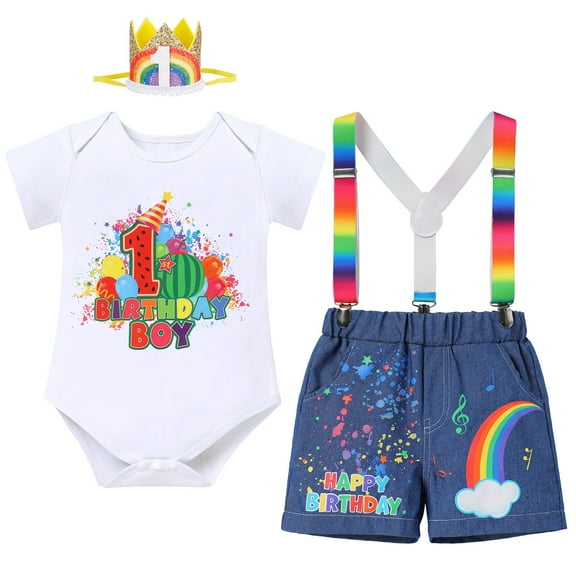 FYMNSI Watermelon Baby Boy 1st First Birthday Cake Smash Outfit Rainbow One Year Old Party Photo Shooting Props Cotton Short Sleeve Romper Y-back Suspenders Denim Shorts Mini Crown Hat 4pcs Set