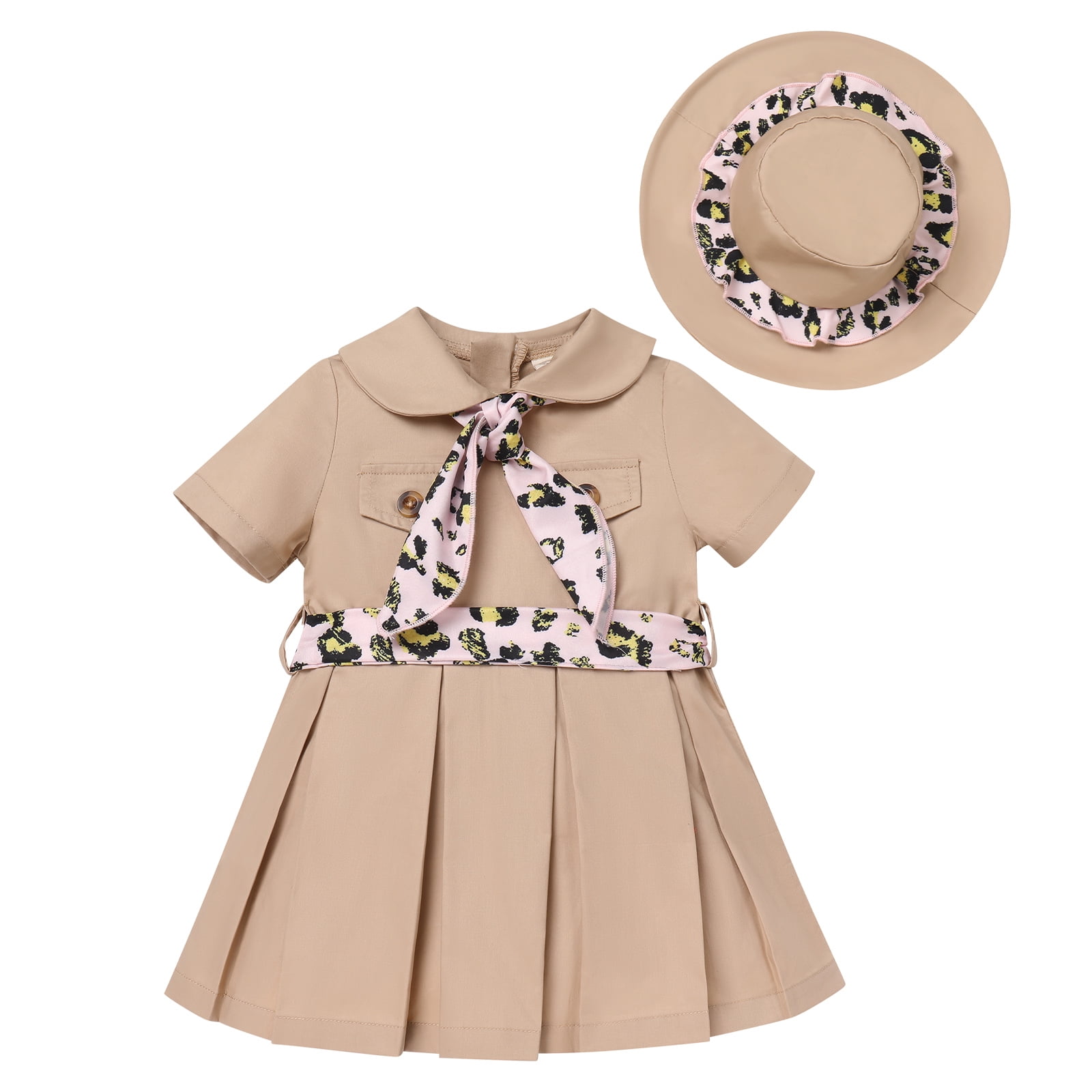 FYMNSI Jungle Safari Wild One Outfits for Toddler Girl Short Sleeve A-line Pleated Dress with Hat 18-24 Months Girl Clothes