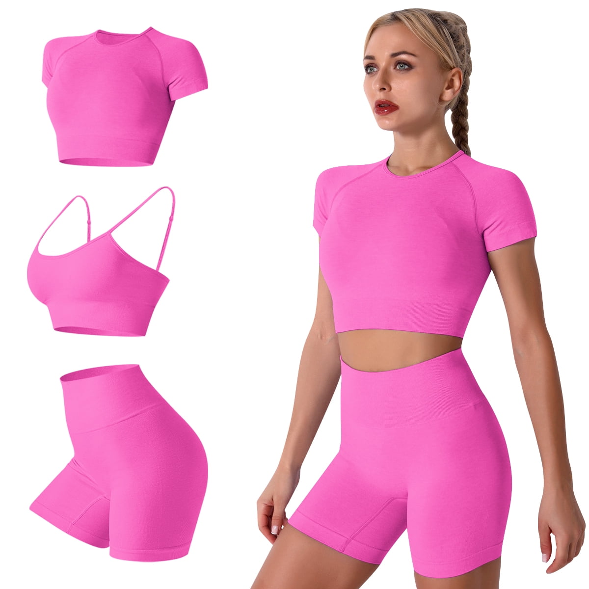 FYMNSI Women Seamless Yoga Outfits 3 Piece Workout Short Sleeve Crop Top Sport  Bra with High Waisted Running Shorts Set Activewear L Hot Pink 