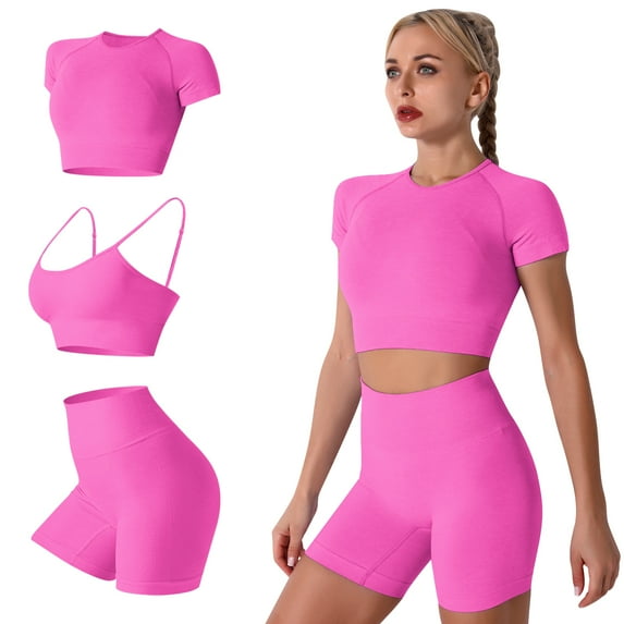 FYMNSI 3 Piece Summer Outfits Short Sets for Women Seamless Workout Sweat Suits Athletic Crop Top Sport Bra with Biker Shorts L Hot Pink