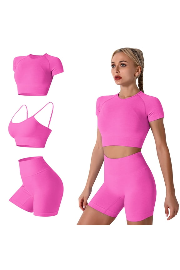 3 Piece Summer Outfits Short Sets for Women Seamless Workout Sweat Suits Athletic Crop Top Sport Bra with Biker Shorts L Hot Pink