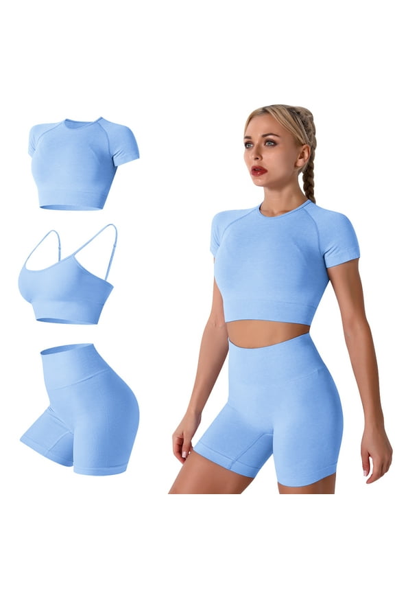 3 Piece Summer Outfits Short Sets for Women Seamless Workout Sweat Suits Athletic Crop Top Sport Bra with Biker Shorts L Light Blue