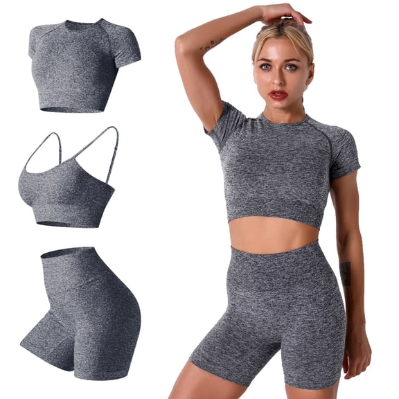 FYMNSI 3 Piece Summer Outfits Short Sets for Women Seamless Workout Sweat Suits Athletic Crop Top Sport Bra with Biker Shorts S Gray