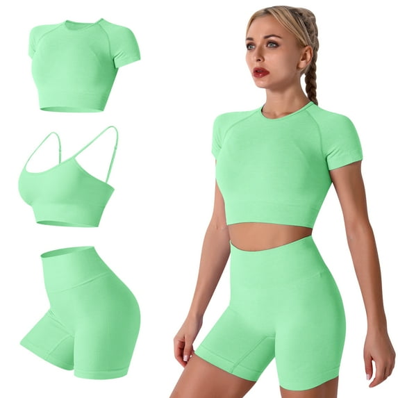 FYMNSI 3 Piece Summer Outfits Short Sets for Women Seamless Workout Sweat Suits Athletic Crop Top Sport Bra with Biker Shorts S Green