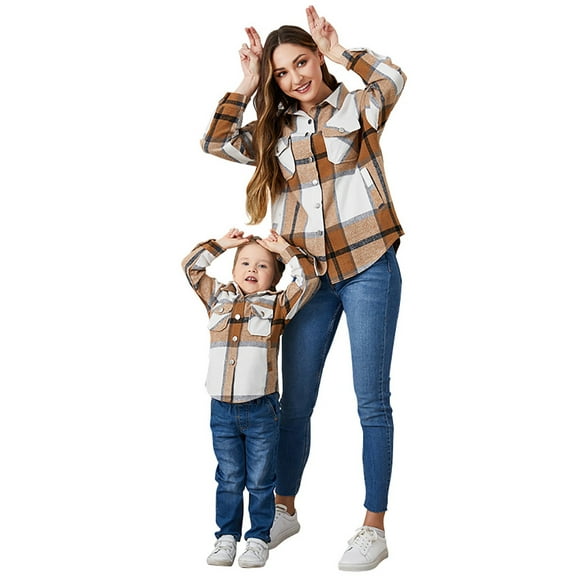 FYMNSI Women and Girls Button Down Plaid Flannel Shirts Autumn Casual Long Sleeve Shacket Mommy and Me Matching Outfits Brown (Girl 2T)