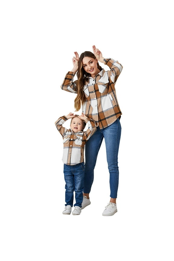 Women and Girls Button Down Plaid Flannel Shirts Autumn Casual Long Sleeve Shacket Mommy and Me Matching Outfits Brown (Mom L)