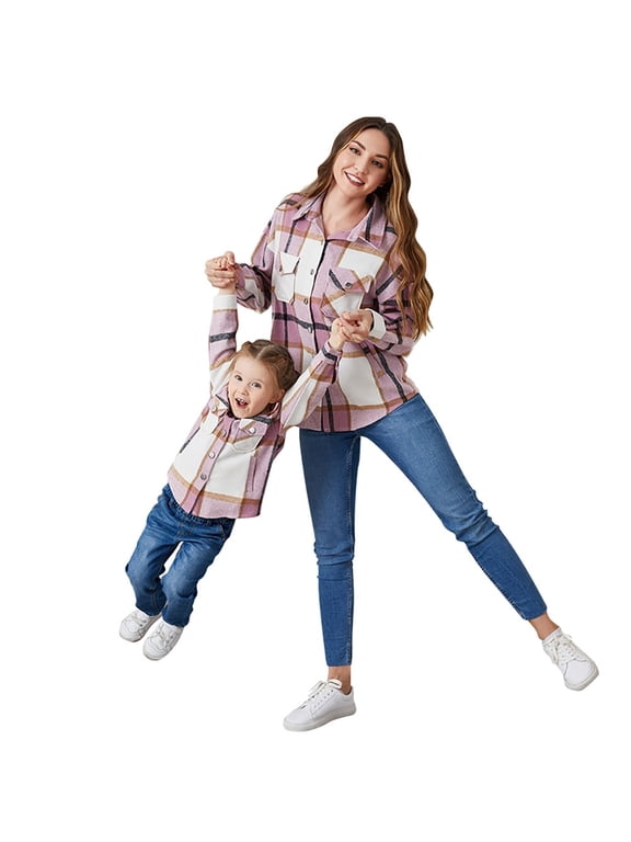 Women and Girls Button Down Plaid Flannel Shirts Autumn Casual Long Sleeve Shacket Mommy and Me Matching Outfits Pink (Girl 2T)