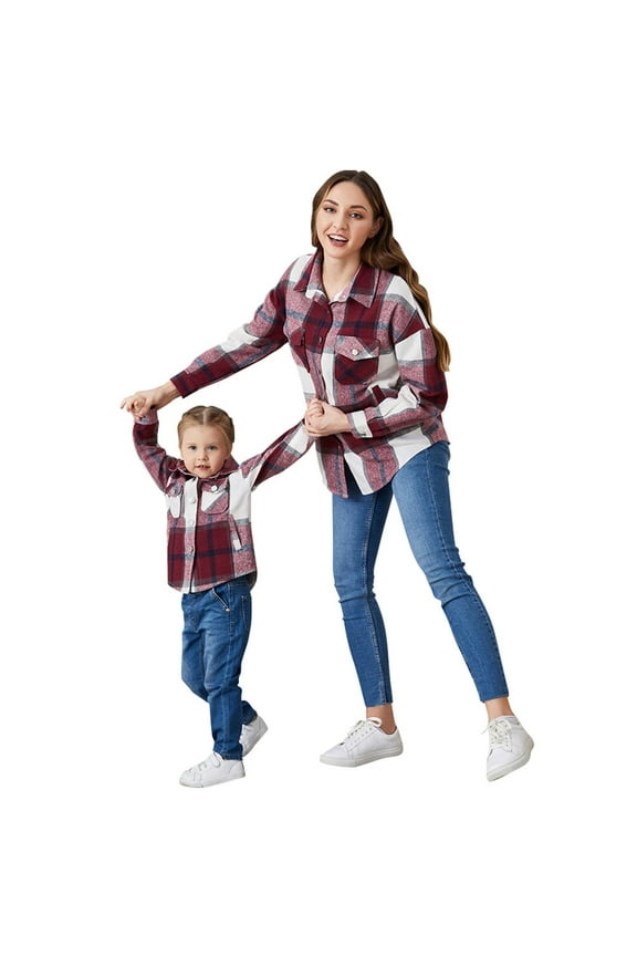 Women and Girls Button Down Plaid Flannel Shirts Autumn Casual Long Sleeve Shacket Mommy and Me Matching Outfits Wine Red (Girl 4-5T)