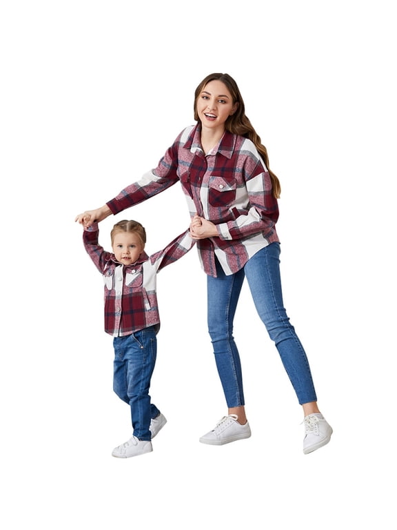 Women and Girls Button Down Plaid Flannel Shirts Autumn Casual Long Sleeve Shacket Mommy and Me Matching Outfits Wine Red (Girl 8-9T)