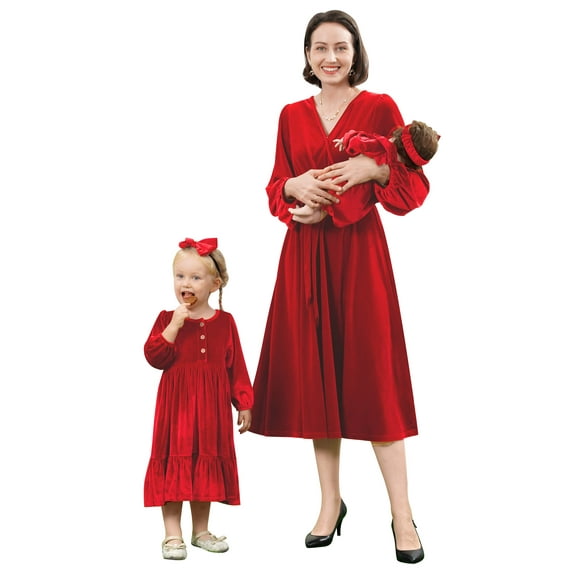 FYMNSI Christmas Outfits for Women Girls Fall Mommy and Me Velvet Matching Xmas Dress Red L