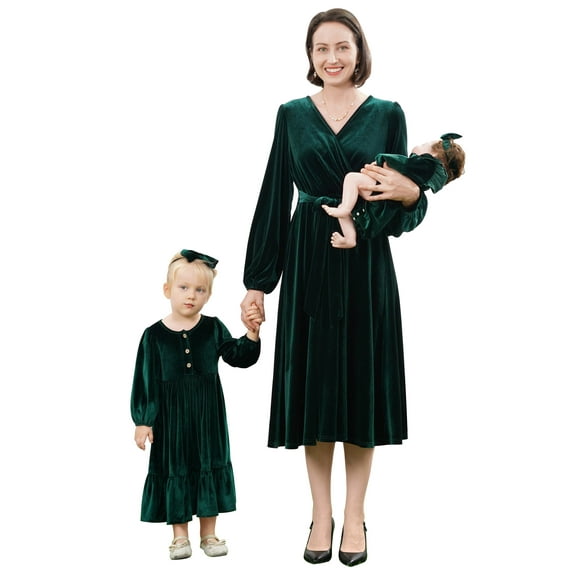 FYMNSI Christmas Outfits for Women Girls Fall Mommy and Me Velvet Matching Xmas Dress Dark Green 6-7Y