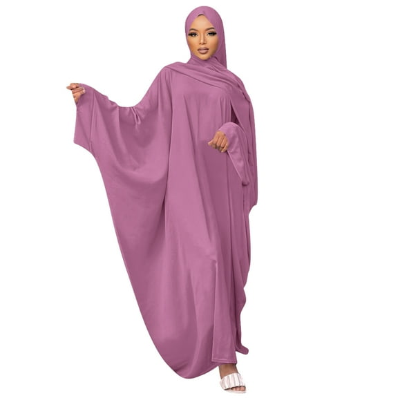 FYMNSI Women's Long Sleeve Abaya Muslim Dress One-Piece Prayer Hijab Dress Kaftan Jilbab Thobe Maxi Long Khimar Dress with Hijab