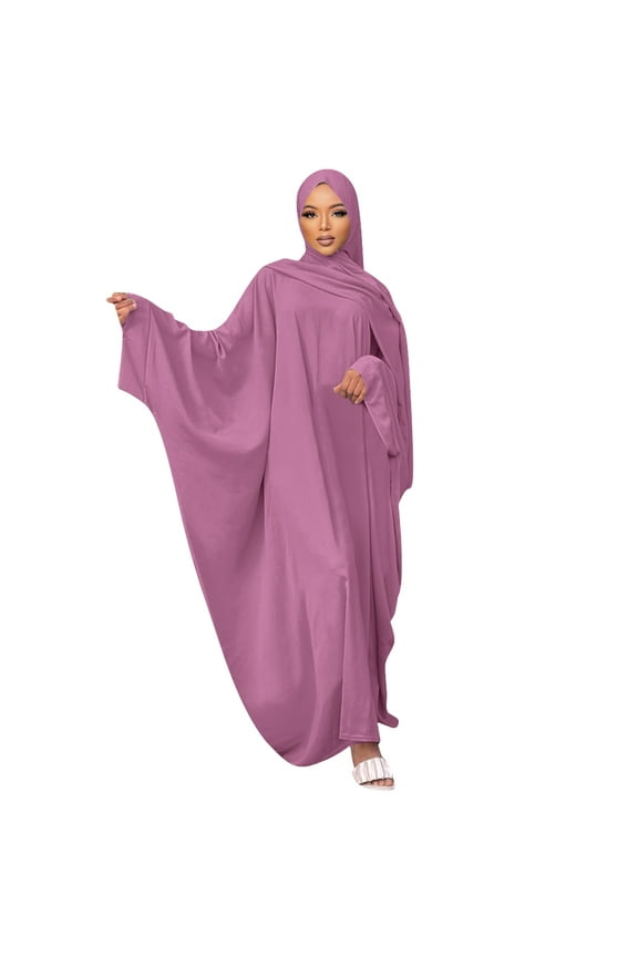 Women's Long Sleeve Abaya Muslim Dress One-Piece Prayer Hijab Dress Kaftan Jilbab Thobe Maxi Long Khimar Dress with Hijab