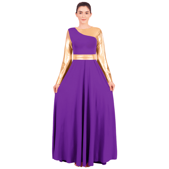 FYMNSI Women's Metallic Praise Dress Liturgical Worship Dance Dress Long Sleeve Patchwork Cross Special Hem Dress with Waistband