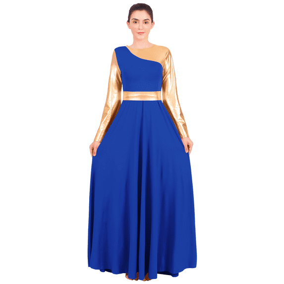 FYMNSI Women's Metallic Praise Dress Liturgical Worship Dance Dress Long Sleeve Patchwork Cross Special Hem Dress with Waistband