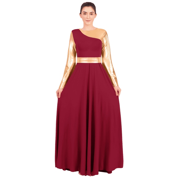 FYMNSI Women's Metallic Praise Dress Liturgical Worship Dance Dress Long Sleeve Patchwork Cross Special Hem Dress with Waistband