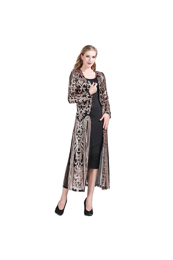 Women’s Sequin Jacket Mesh Duster Cardigan Glitter Sparkle Long Sleeve Open Front Coat Dresses for Evening Prom