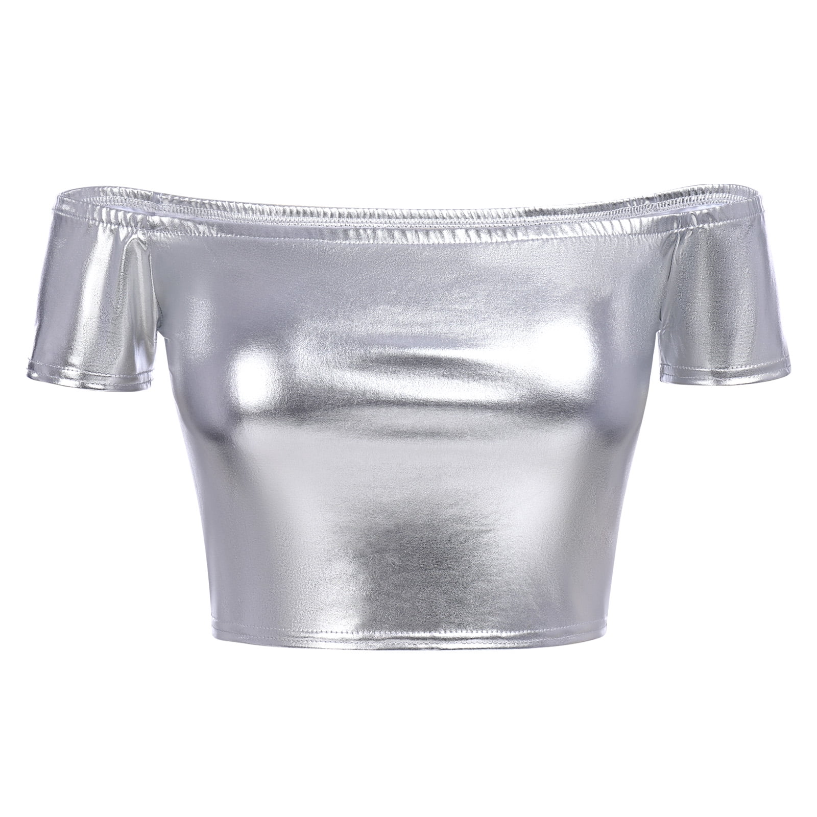 FYMNSI Women's Sexy Shiny Metallic Off Shoulder Crop Tube Top Strapless