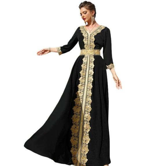 FYMNSI Womens Embroidery Lace Abaya Evening Dress Long Sleeve V-neck Eid Dress Moroccan Kaftan Muslim Maxi Dress M Black