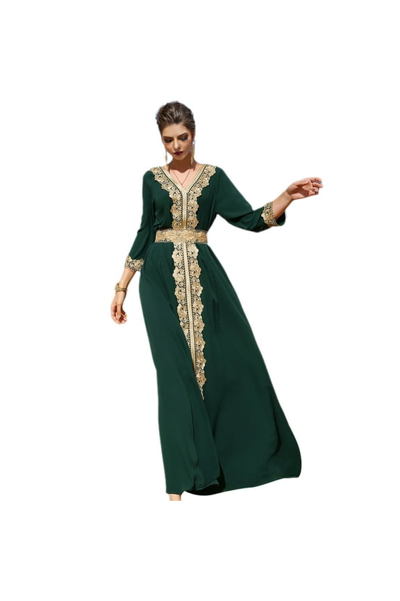 Womens Embroidery Lace Abaya Evening Dress Long Sleeve V-neck Eid Dress Moroccan Kaftan Muslim Maxi Dress M Dark Green