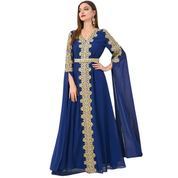 FYMNSI Womens Embroidery Lace Abaya Evening Dress Long Sleeve V-neck Eid Dress Moroccan Kaftan Muslim Maxi Dress M Royal Blue
