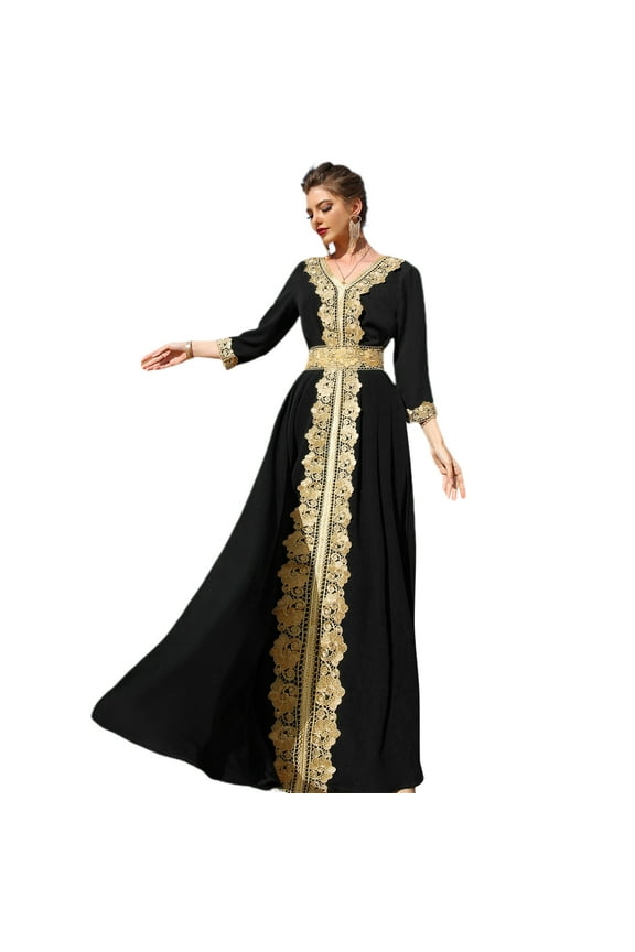 Womens Embroidery Lace Abaya Evening Dress Long Sleeve V-neck Eid Dress Moroccan Kaftan Muslim Maxi Dress XXL Black