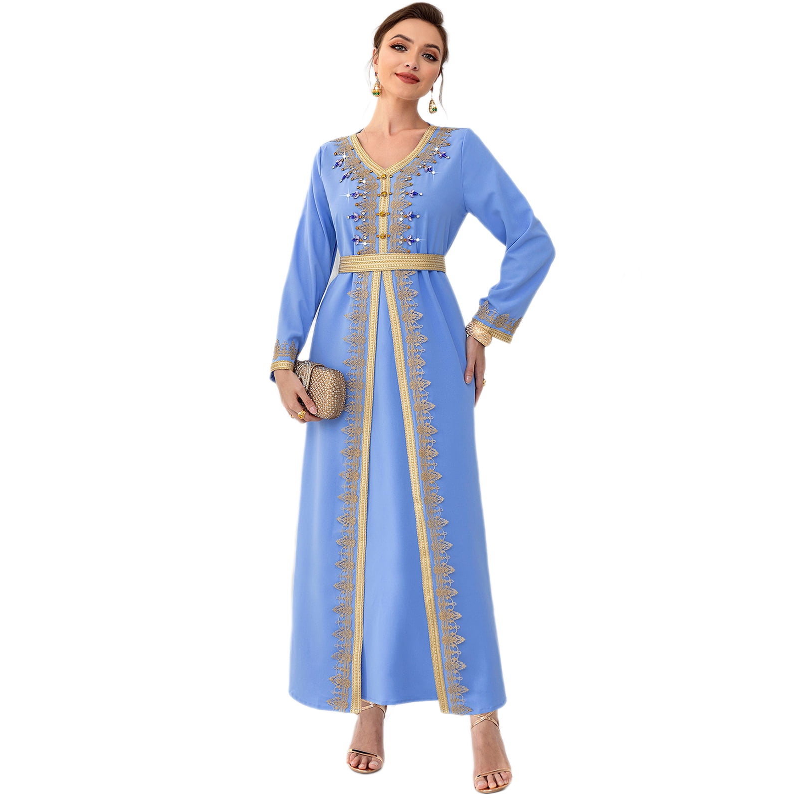 FYMNSI Abaya Dress for Women Muslim Modest Maxi Robe Floral V Neck Eid Prayer Dresses Dubai Clothing Arabian Islamic Kaftan